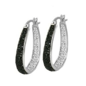 Earrings Black White Hoops Crystal Inside Outside
